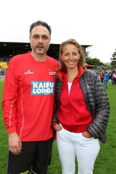 The initiators Dr. Thomas Mir and Jonica Jahr,The charity football game Kicking with heart in the stadion Hoheluft,Hamburg,14.06.2015