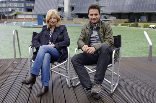 Sabine Postel,Oliver Mommsen,actor,tatort Shooting start Radio Bremen 16.6.2015 in the stadium-bath of the Bremen Weser-Stadion