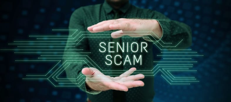 Text sign showing Senior Scam, Business overview fraud schemes targeting the lifestyle and savings of the elderly