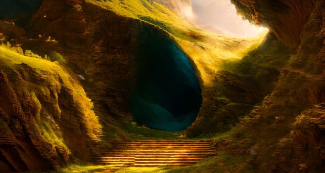 The sun's rays illuminate a green cave with a staircase leading to a dark tunnel. Generative AI