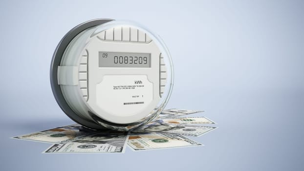 Electricity meter standing on dollar bills. 3D illustration.