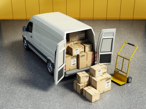 Stack of cardboard boxes standing near open cargo van rear door. Cargo distribution and transportation concept. 3D illustration.