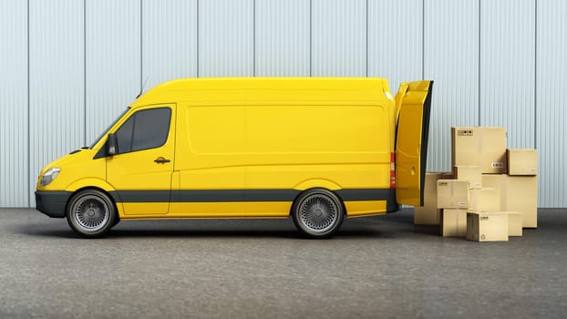 Stack of cardboard boxes standing near open cargo van rear door. Cargo distribution and transportation concept. 3D illustration.