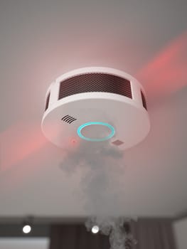 Smoke and alarming detector on the room ceiling. 3D illustration.