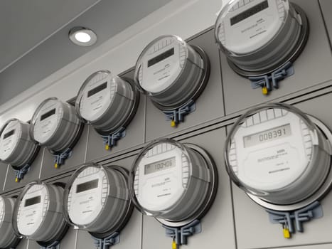 Row of electricity meters on the wall. 3D illustration.