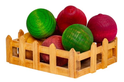 Close-up of air fresheners in the form of wooden balls flavoured with essential oils placed in a miniature wooden box. Clipping path. Isolated on white. Nice gift.