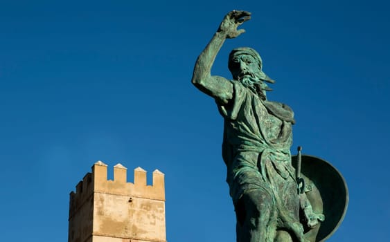 Badajoz, Spain - April 4th, 2020: Ibn Marwan statue founder of Badajoz, Extremadura, Spain. Sculpted by Estanislao Garcia, 2003