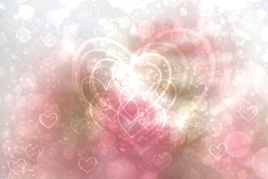 Abstract festive blur light pink pastel background with white pink hearts inside love bokeh for wedding card or Valentine day.  Romantic textured backdrop with space for your design. Card concept.