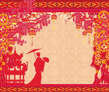 Abstract decorative frame with Asian girl