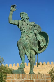 Badajoz, Spain - April 4th, 2020: Ibn Marwan statue founder of Badajoz, Extremadura, Spain. Sculpted by Estanislao Garcia, 2003