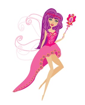 Beautiful fairy with magic wand flies like a butterfly on her beautiful wings - isolated illustration