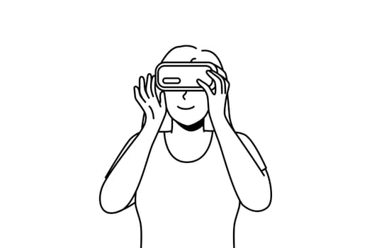 Smiling woman in VR glasses explore new horizons. Happy girl in virtual reality headset enjoy modern technology. Vector illustration.