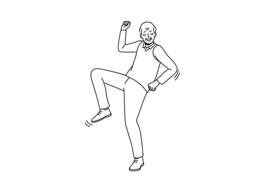 Happy elderly man have fun dancing. Smiling energetic old grandfather feel optimistic and positive moving. Healthy maturity. Vector illustration.