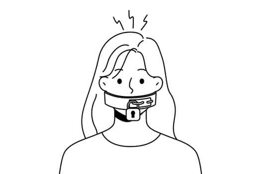 Unhappy young woman with lock on mouth suffer from censorship and communication ban. Stressed female restricted from talking and opinion. Vector illustration.