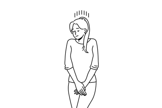 Young woman suffer from cystitis or urinary infection feel desire to pee. Unhealthy female struggle with urinal disease. Vector illustration.