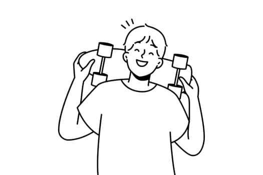 Smiling guy posing with skateboard outdoors. Happy young man with skating board show hobby and entertainment. Vector illustration.