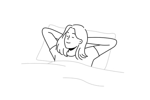 Happy young woman lying in bed sleeping. Smiling girl relax in bedroom dreaming or napping. Relaxation and comfort. Vector illustration.