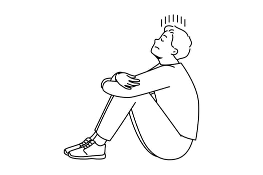 Unhappy young man sit on floor suffer from loneliness and repetitive thoughts. Stressed male struggle with depression or anxiety. Vector illustration.