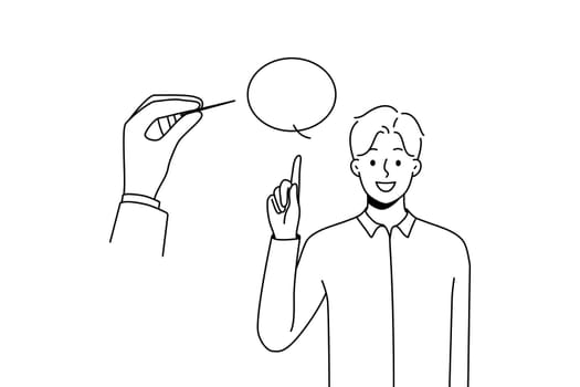 Huge hand pierce speech bubble reject comments or arguments. Person puncture talk balloon of man speaking. Criticism and opinion variety. Vector illustration.
