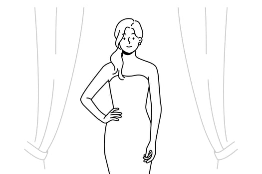Beautiful young woman in dress standing on stage. Pretty female in fashionable gown on beauty contest. Glamour and fashion. Vector illustration.
