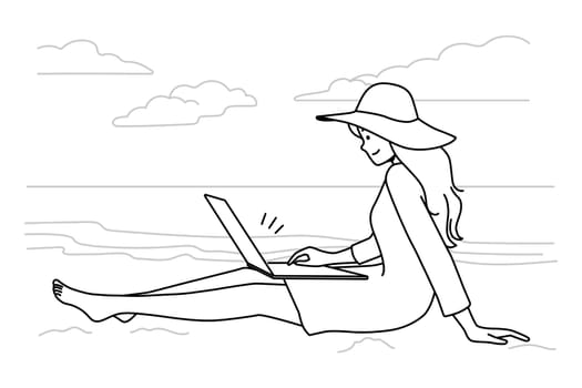 Smiling young woman relax on beach working on laptop. Happy female sit on seashore browse internet on computer freelancing on summer vacation. Vector illustration.