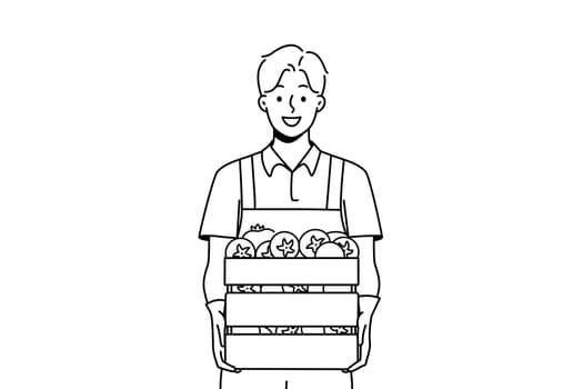 Smiling male farmer holding box of fresh tomatoes. Happy man gardener with baskets of vegetables from farm. Gardening and agriculture. Vector illustration.