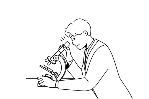 Young man scientist in white medical uniform look at sample in microscope in lab. Male researcher examine specimen in laboratory. Medicine and biotechnology. Vector illustration.