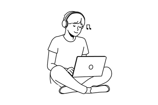 Guy sitting on grass outdoors working on laptop wearing earphones. Happy man relax outside with computer listen to music in headphones. Vector illustration.