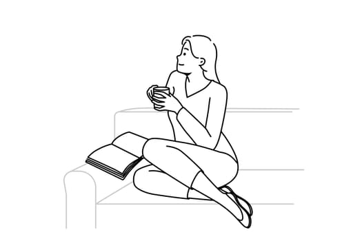 Dreamy young man sit on sofa reading book drinking coffee. Happy girl relax on couch in living room with warm beverage. Vector illustration.