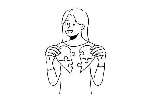 Smiling young woman connect jigsaw puzzles into heart. Happy girl join parts cure broken heart search for love. Vector illustration.