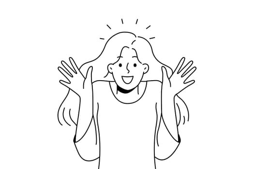 Overjoyed young woman feel astonished and surprised. Smiling girl feeling shocked and stunned with emotions. Vector illustration.