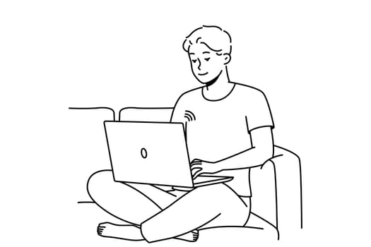 Smiling guy sit on couch working on laptop using wireless network. Happy young man relax on sofa browse internet on computer. Vector illustration.