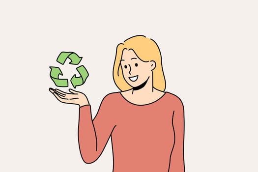 Smiling young woman holding recycle sign in hands care about planet conservation and protection. Happy female activist or volunteer with recycling symbol. Vector illustration.