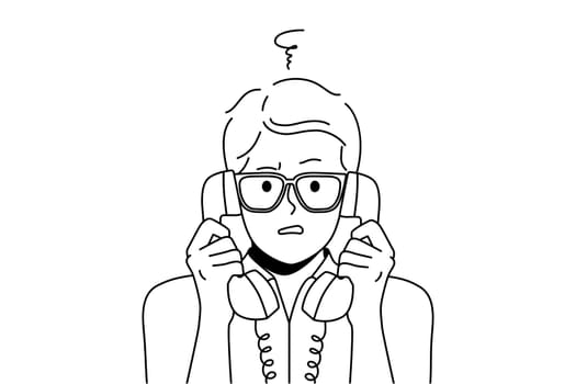 Confused man with landline phones headsets feel frustrated talking. Distressed guy in glasses shocked speaking on corded telephone. Vector illustration.