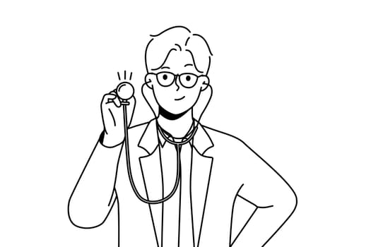 Smiling young male doctor in white medical uniform hold stethoscope ready to check or examine patient. Happy male GP or therapist checkup in hospital. Medicine. Vector illustration.