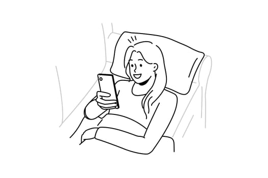 Happy girl lying on couch using cellphone texting or messaging. Smiling young woman relax on sofa at home browse internet on smartphone. Vector illustration.