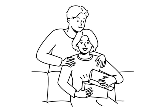 Loving young man make birthday present to excited woman at home. Caring male surprise congratulate happy female with anniversary. Vector illustration.