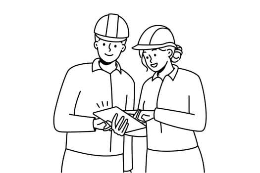Smiling engineers in helmets working together at building site. Happy architects team brainstorm cooperate at construction place. Vector illustration.