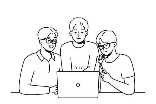 Smiling male colleagues look at computer screen brainstorming together. Happy coworkers cooperate working on laptop at workplace. Teamwork. Vector illustration.