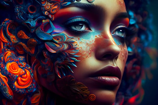 Beautiful woman surreal portrait with flowers and butterflies.  Generative AI.