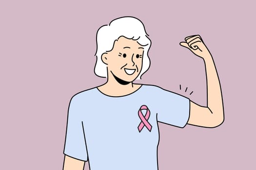 Smiling elderly woman with pink ribbon on chest feel powerful overcome breast cancer. Happy mature female survive oncology. Healthcare. Vector illustration.