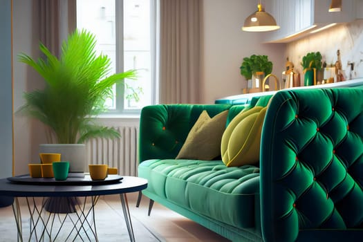 Living room with green sofa.  Generative AI.