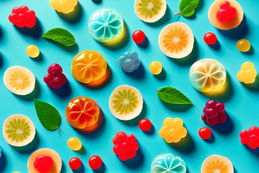 assorted jelly gum fruit candy on blue background top view. Generative AI.