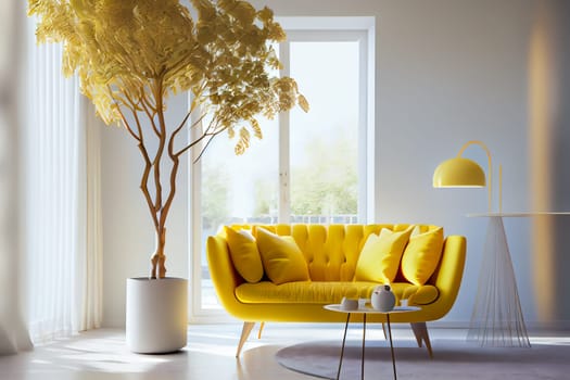 Modern room interior with yellow sofa.  Generative AI.