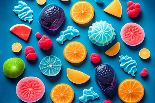 assorted jelly gum fruit candy on blue background top view. Generative AI.