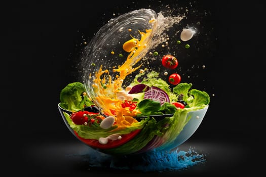 Fresh ingredients for salad falling into bowl on black background.  Image created with Generative AI technology.