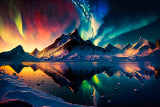 Winter landscape with aurora reflected in water.  Generative AI.