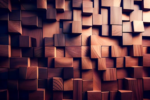interior wall decorated with wood.   wooden background wall from cubes. Generative AI.