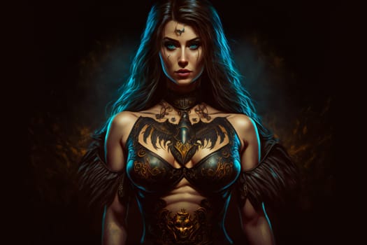 Portrait of a fantasy dark  female warrior . Fantasy illustration.  Image created with Generative AI technology.