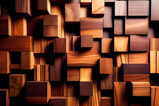 interior wall decorated with wood.   wooden background wall from cubes. Generative AI.
